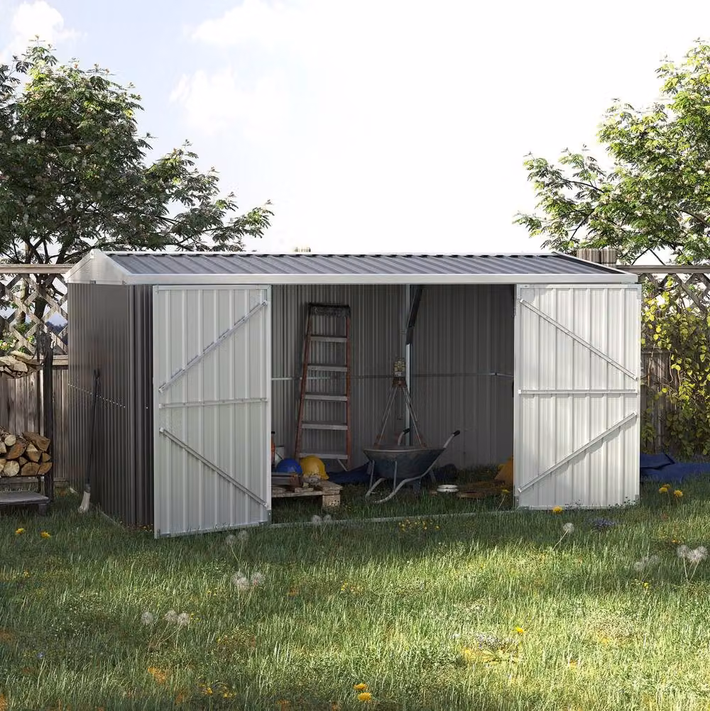 STILVORA Grey Steel Garden Storage Shed with Lockable Double Doors and Window, W: 420 cm, H: 200 cm, D: 200 cm – 2