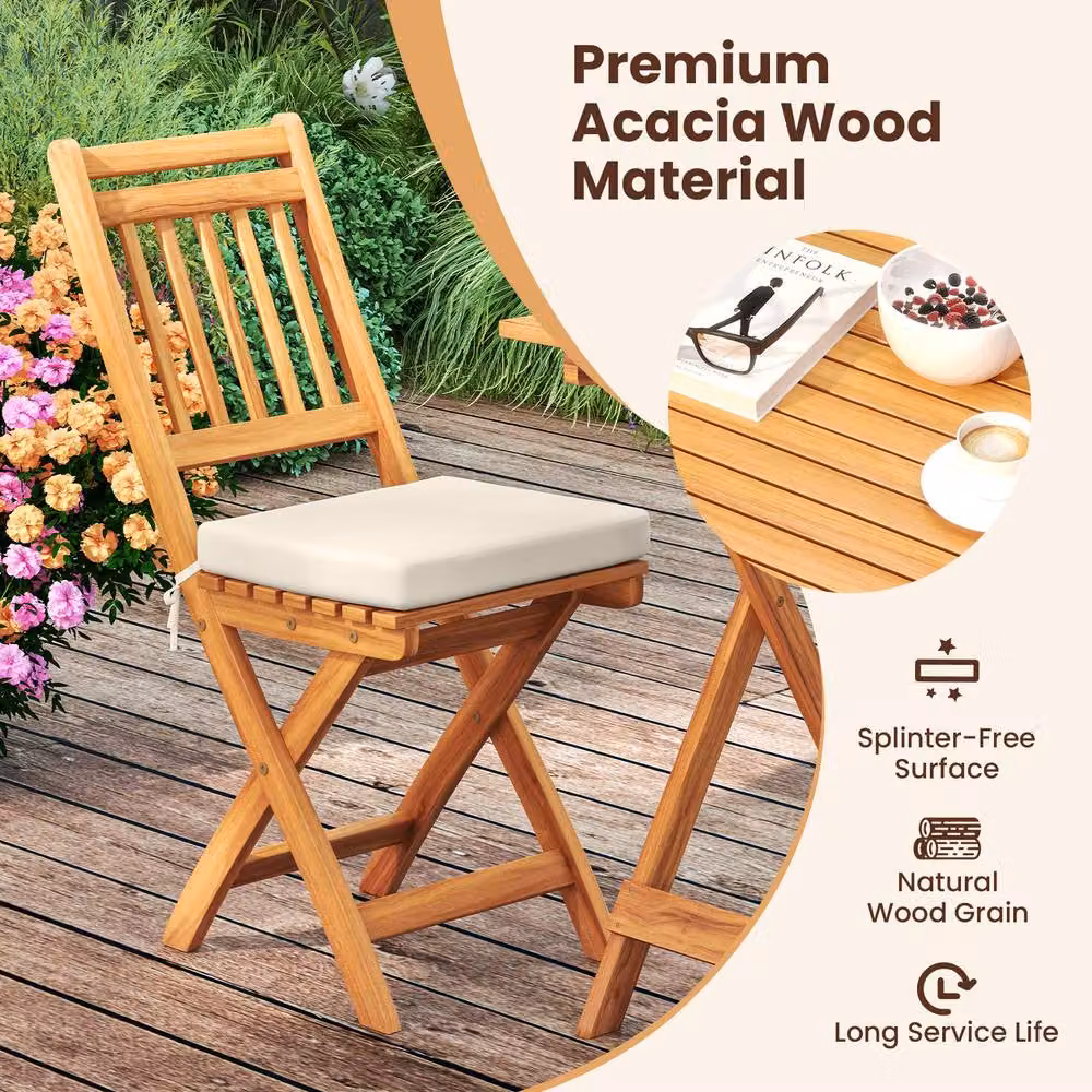 Costway Acacia Wood Folding Bistro Set with White Cushions for Garden, Terrace or Balcony – 4