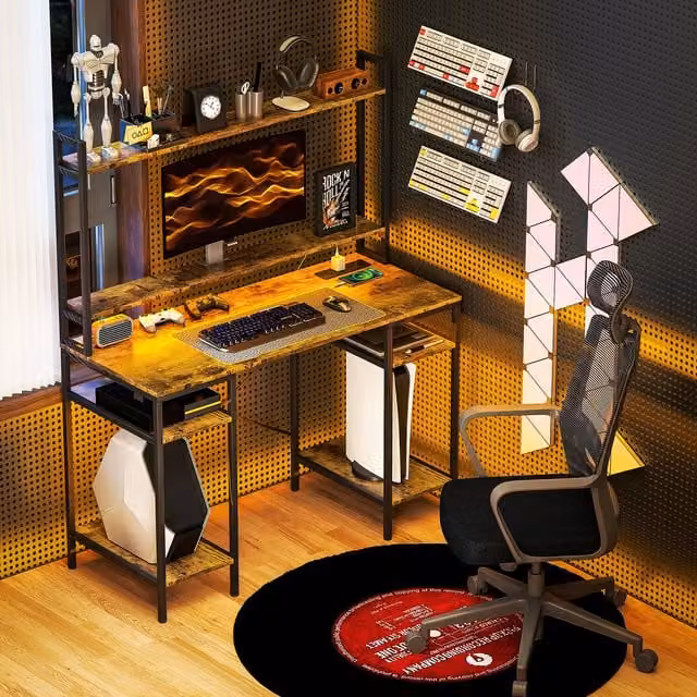 HOMCOM Computer Desk with Power Outlet, LED Lights and 2 CPU Stands in Rustic Brown