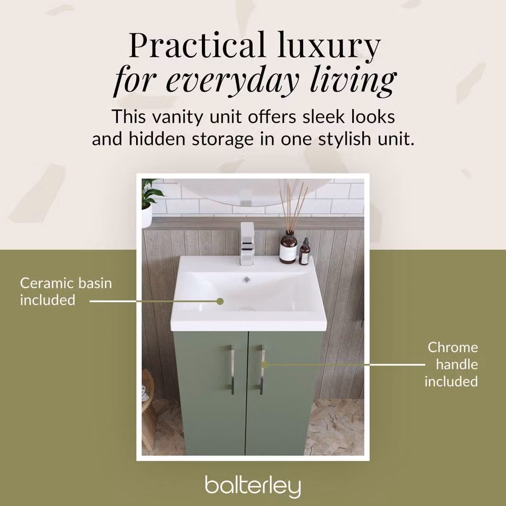 Balterley Contemporary Floor Standing Bathroom Vanity Unit with Mid-Edge Basin, Satin Green, W: 51 cm, D: 39 cm, H: 84 cm – 3
