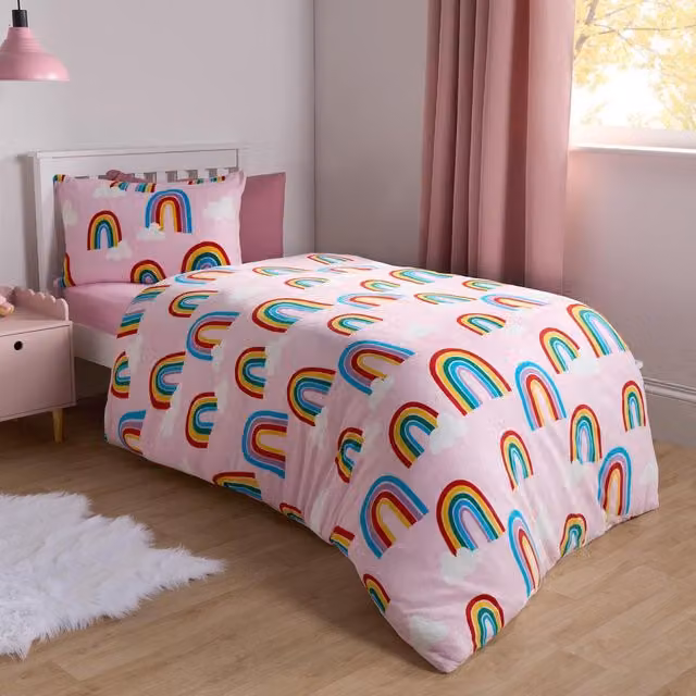 OHS Pink and Multicolour Rainbow Print Fleece Duvet Cover Set for Children