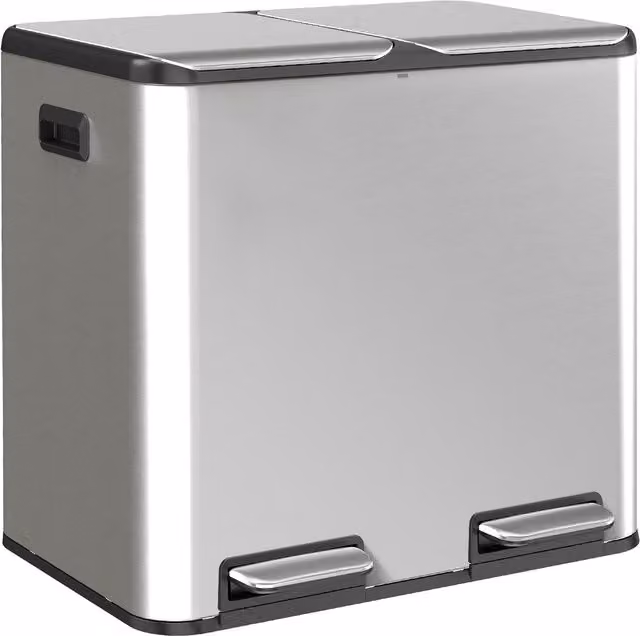 HOMCOM Double Kitchen Bin with Dual 20L Compartments, Stainless Steel Pedal Rubbish Bin with Soft Close Lids and Odour Filter, Silver Tone