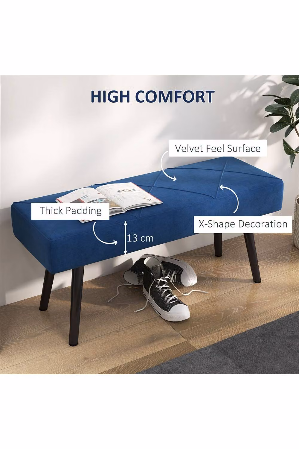 ERGOVEXA Blue Velvet End of Bed Bench with Metal Legs, W/D/H: 120 x 45 x 36 cm – 2