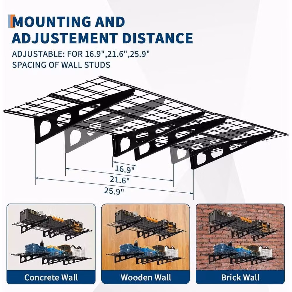Kelvenix Set of 2 Black Metal Wall Mounted Garage and Garden Storage Shelves W/D/H: 183 x 61 x 30.48 cm – 3