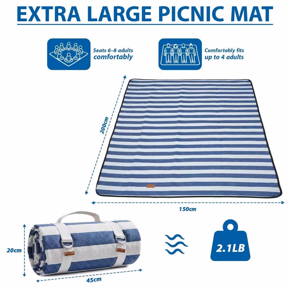EONLION Extra Large Waterproof Picnic Blanket and Beach Mat in Blue Striped Design, W: 100 cm – 2