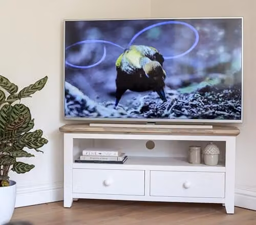 Statement Furniture Florence Wooden Corner TV Stand with 2 Drawers and Shelf in White, W: 108 cm, H: 50 cm, D: 40 cm – 1