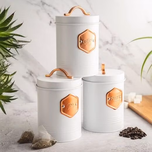 Cooks Professional 3-Piece Tea, Coffee and Sugar Airtight Storage Canister Set in White with Copper Labels