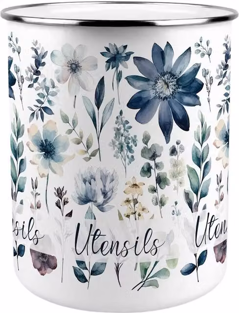 Purely Home Blue Pastel Flowers Ceramic Freestanding Kitchen Utensil Holder - Blue