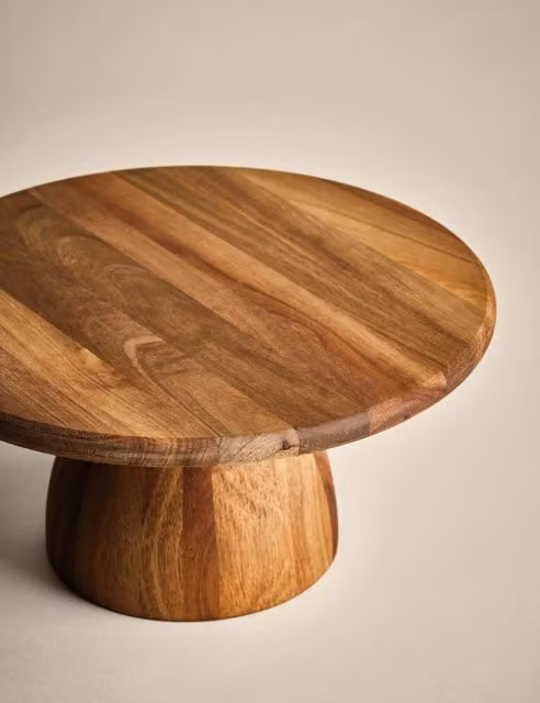 M&S Round Wooden Cake Stand in Brown and Beige