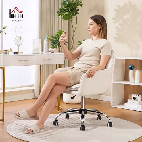 HOMCOM Velvet Swivel Task Chair in White and Beige – 2
