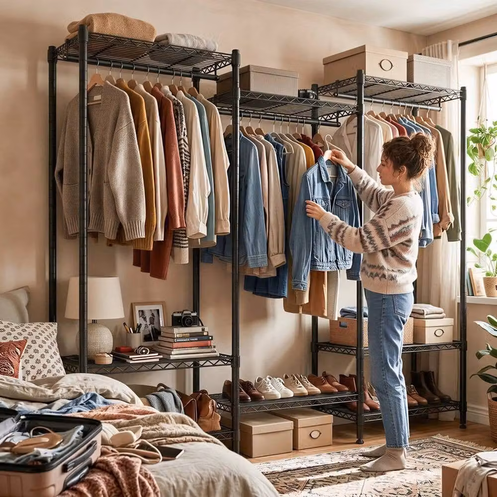 EONLION Black Metal Freestanding Clothes Rail and Open Wardrobe – 3