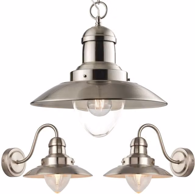 Loops Industrial Satin Nickel Hanging Ceiling Pendant Lamp and Matching Wall Lights with Transparent Glass