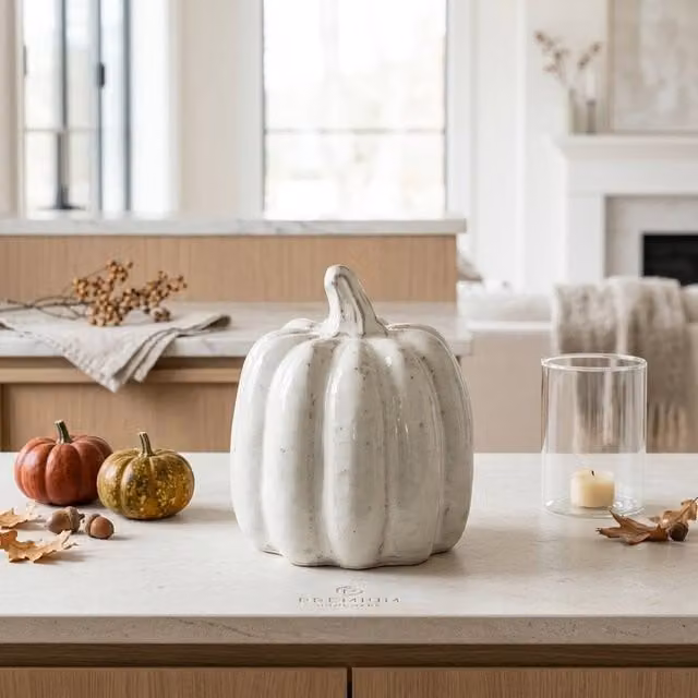 Garden Greatness White Ceramic Pumpkin Decorative Ornament for Autumn and Halloween Tabletop Display