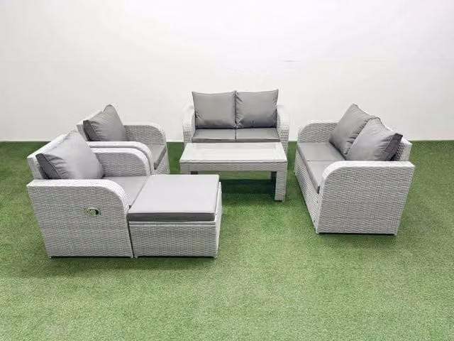 Fimous 7 Seater Rattan Garden Furniture Set in Light Grey with Reclining Sofa, Armchair, Coffee Table and Ottoman