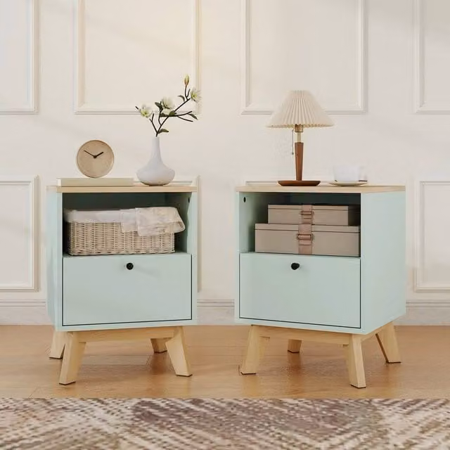 EONLION Modern Nightstand Set of 2 in Green with Drawer and Open Shelf