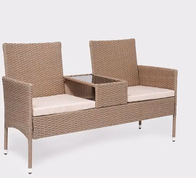 OHS 2 Seater Rattan Garden Loveseat Bench with Table in Beige, Yellow and Brown