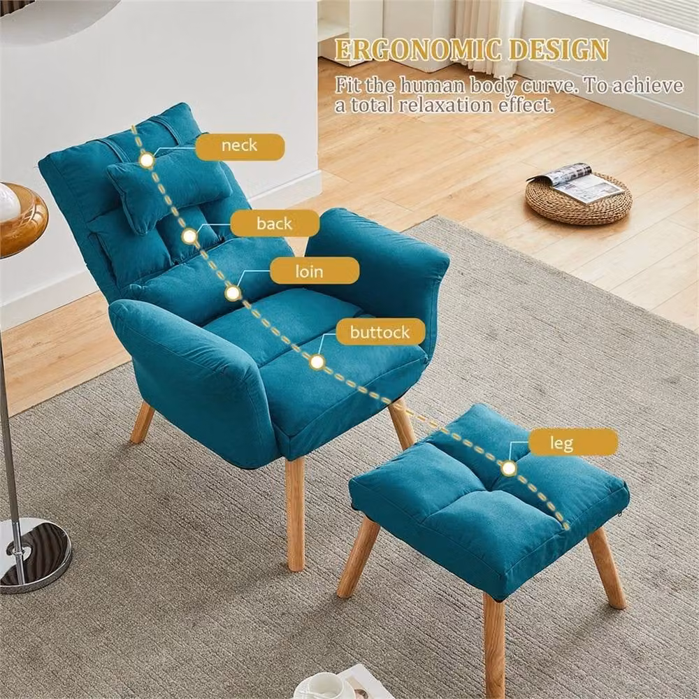 Kelvenix Blue Relax Lounge Chair with Footstool and Armrests in Teal Fabric – 4