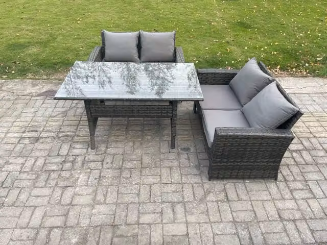 Fimous Dark Grey PE Wicker Rattan Garden Furniture Set with Love Sofa and Rectangular Dining Table