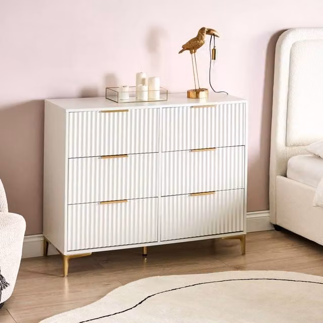 Wyld and Coco White Six-Drawer Chest with Fluted Fronts and Gold Handles – 1