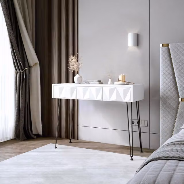 Carme Home Claudia White 3 Drawer Dressing Table with Black Metal Hairpin Legs