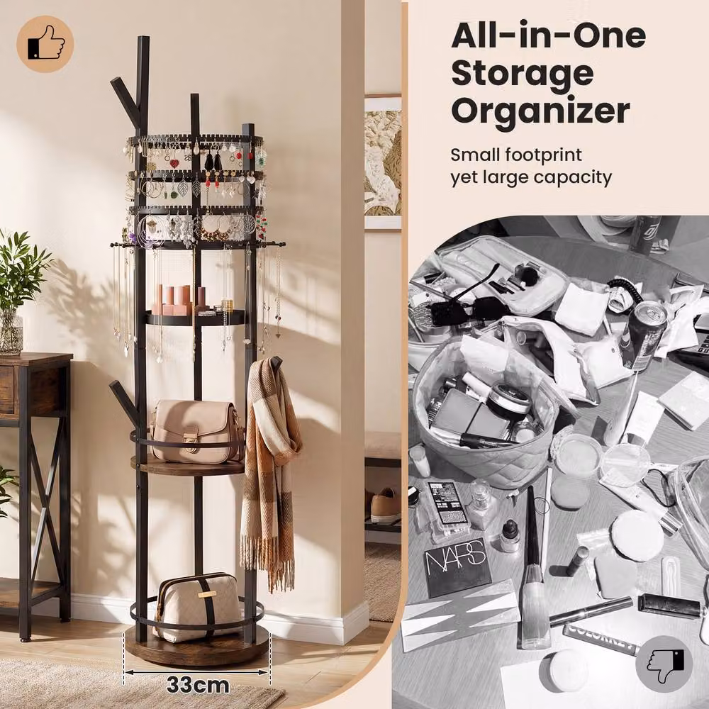 Costway Rotating Jewelry Display Tower with Earring and Necklace Holder in Brown – 6
