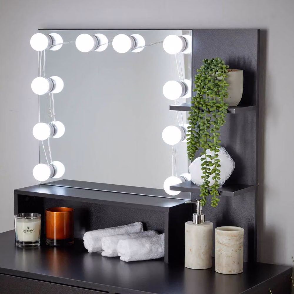 Home Source Modern Black Dressing Table with LED Hollywood Mirror and Stool Set, W/D/H: 134 x 90 x 40 cm – 2