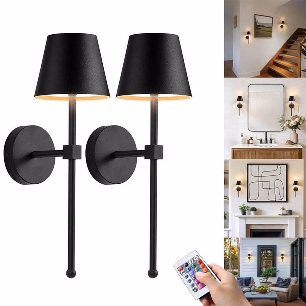 FORGEVIO Set of 2 Black Dimmable LED Wall Lights with Remote Control and Rechargeable Battery – 3