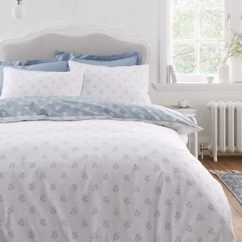 Bianca Esme Floral Reversible Double Cotton Percale Duvet Cover Set with Pillowcases, White and Blue, Duvet Cover: 200 x 200 cm, Pillowcases: 50 x 75 cm