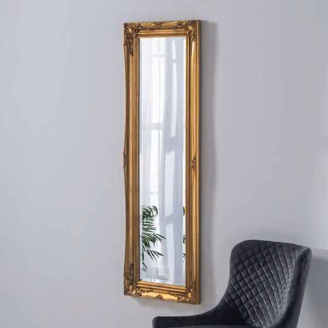 Yearn Classic French Style Narrow Rectangular Wall Mirror in Gold