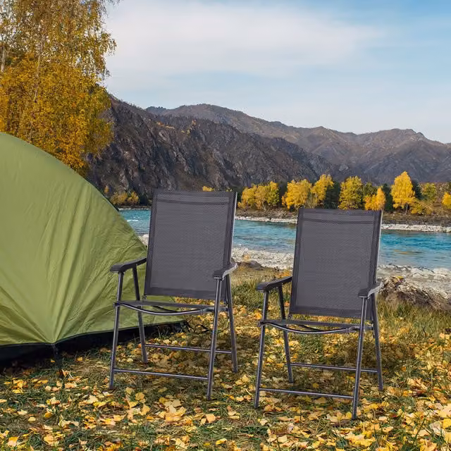 Outsunny Set of 2 Folding Chairs with Metal Frame and Black Mesh Seats