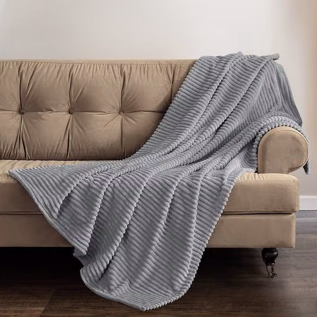 Velosso Grey Cord Ribbed Plaid Blanket Throw W/D: 150 x 200 cm