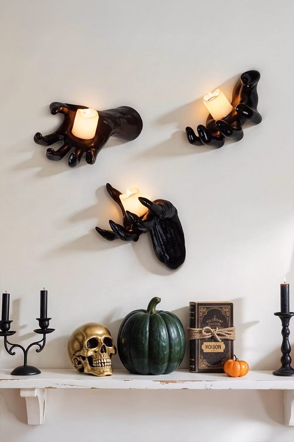 H&O Direct 3-Pack Halloween Reaching Hands Wall Decor with LED Pillar Candles in Black – 2