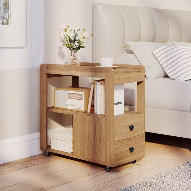 COSTWAY Brown Rolling Sofa Side Table with Castors and Wood Finish