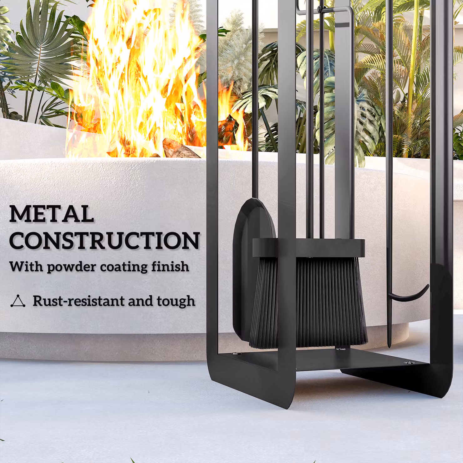 Outsunny 5 Piece Metal Fireplace Companion Set with Brush, Shovel, Poker, Tongs and Stand, Black – 5