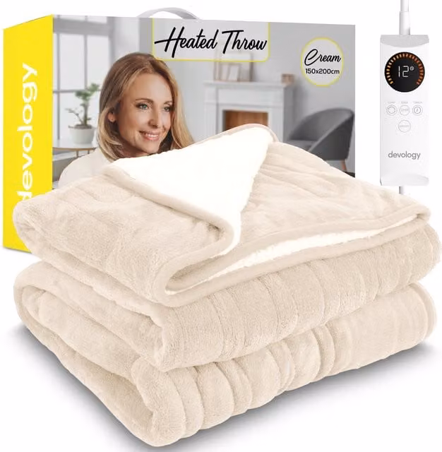 Devology Electric Heated Throw Blanket with 6 Settings, Machine Washable, Beige Shearling, W: 150 cm x D: 200 cm