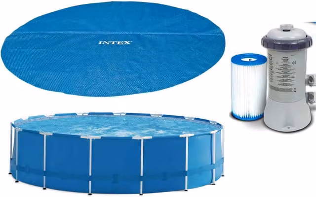 Intex Blue Round Metal Frame Pool Set with Filter and Solar Cover, Diameter: 305 cm