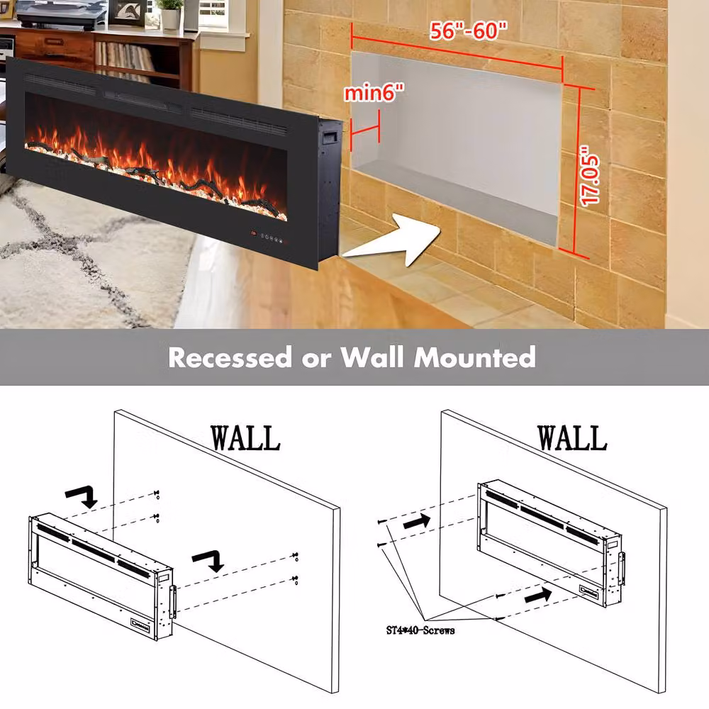 Valuxhome Black Recessed and Wall Mounted Electric Fireplace with 13 Colours and 1500W Heater, W/D/H: 152 x 45 x 15 cm – 4