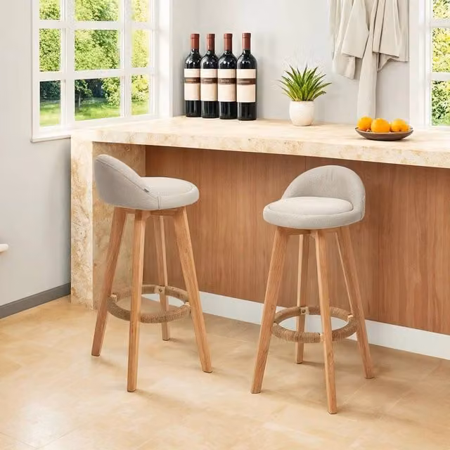 EONLION Set of 2 Beige Fabric Padded Wood Bar Stools with Backrest and Rubberwood Frame, Height: 100 cm – 1