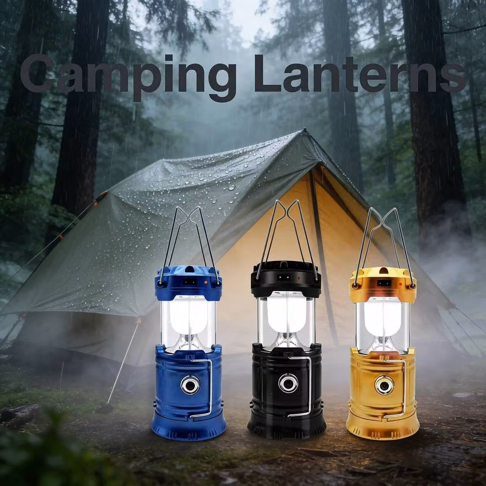 NESTLUNE Gold/Brass Collapsible Solar LED Camping Lantern with Adjustable Omnidirectional Tabletop Lighting – 3