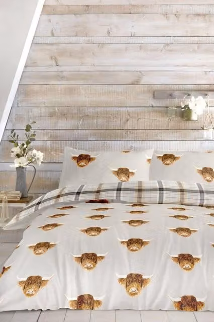Fusion Highland Cow Print and Tartan Reverse Reversible Duvet Cover Set in Mustard, Single, W: 90 cm, L: 200 cm