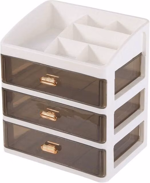 FORGEVIO 3 Tier Makeup Storage Box in White and Transparent Plastic, W: 50.0 cm, H: 27.5 cm