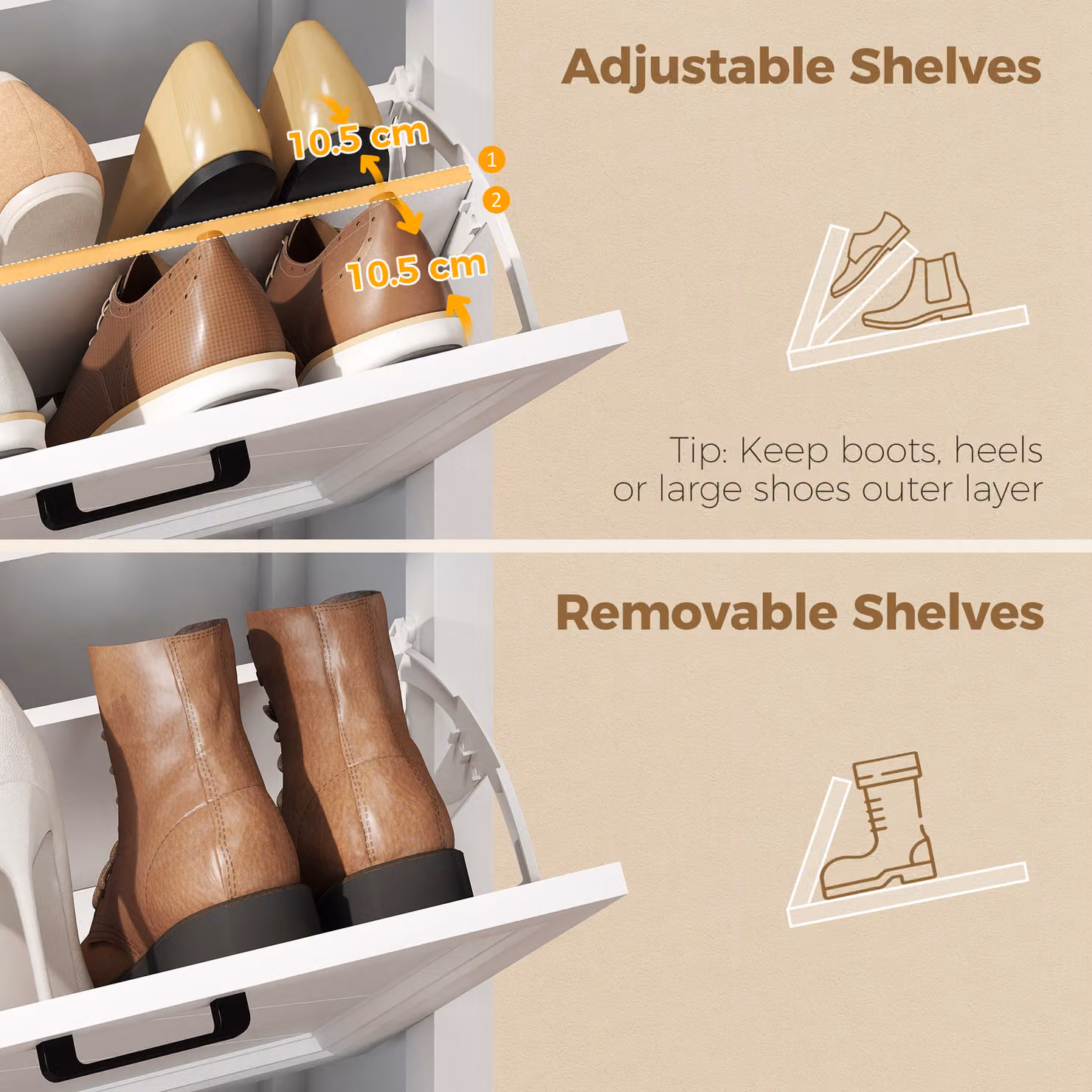 HOMCOM White Farmhouse Shoe Cabinet with 2 Tilting Compartments and Internal Shelves – 3