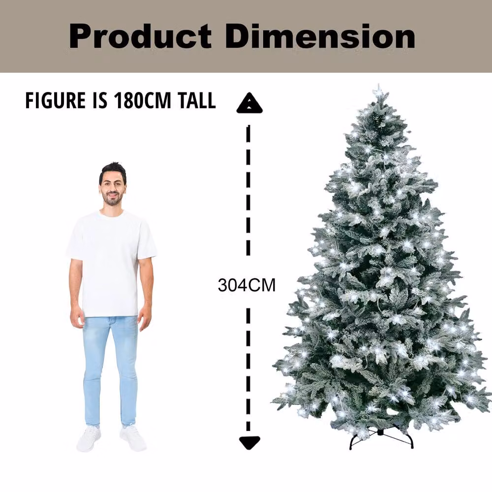 Shatchi Lapland Pre-Lit Artificial Christmas Tree with LED Cool White Lights and Snow Flocked Tips in Green, Height: 304.8 cm – 4
