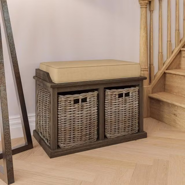 FWStyle Handmade Kubu Rattan Small Storage Bench with Baskets and Cushion in Brown W/D/H: 70 x 48 x 39 cm – 1