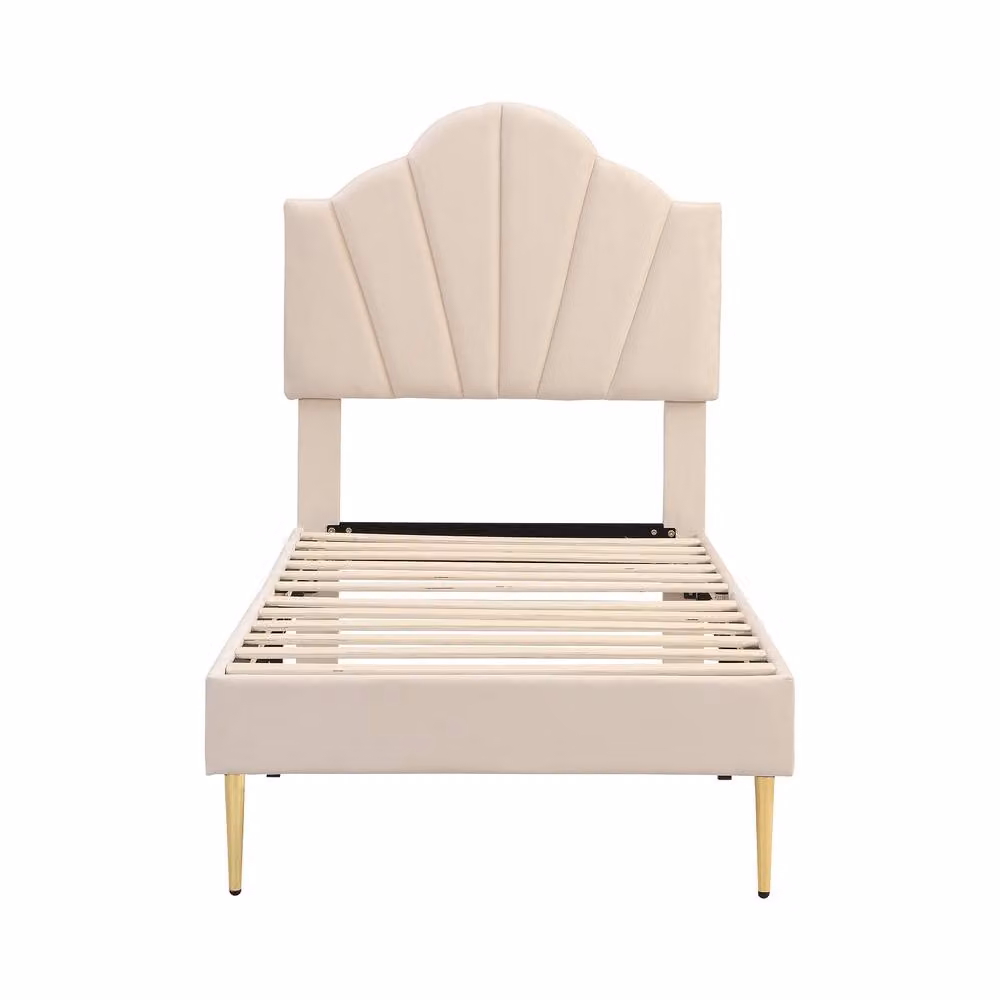 BTM Beige Velvet Single Bed with Shell Design and Gold Legs W/D/H: 90 x 190 cm – 3