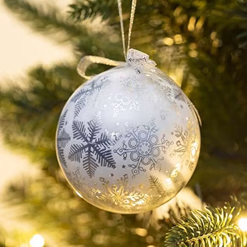 The Christmas Workshop Set of 14 White and Silver Snowflake Glass Christmas Baubles, Diameter: 7.5 cm – 4