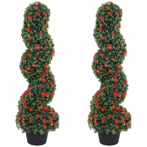 HOMCOM Set of 2 Red Artificial Rose Spiral Topiary Trees in Pots, Height: 90 cm