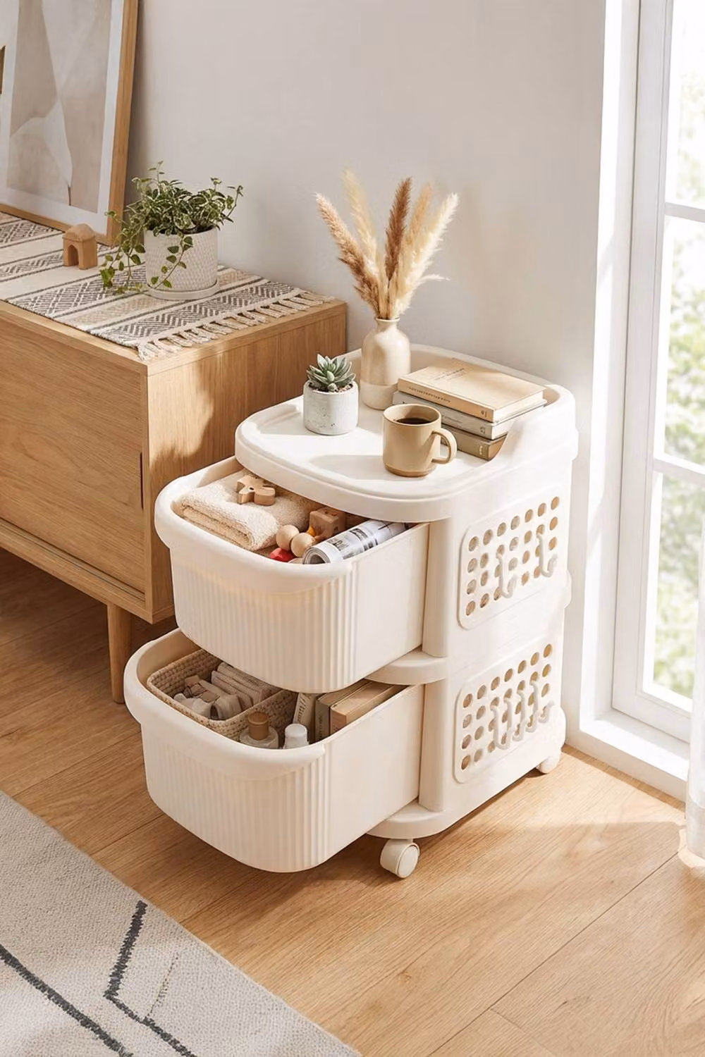 Garden Sanctuary 2-Tier Modern Storage Trolley in Beige/White – 2