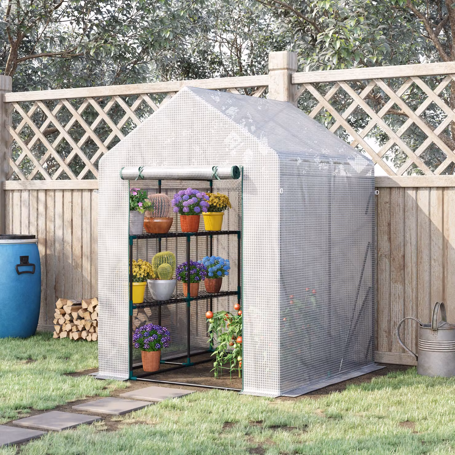 Outsunny Walk-In Portable Greenhouse with 2-Tier Shelf and PE Cover, W/D/H: 143 x 143 x 195 cm – 2