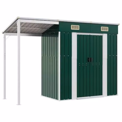 vidaXL Pent Garden Shed with Extended Roof in Green Steel W/D/H: 277 x 107 x 181 cm